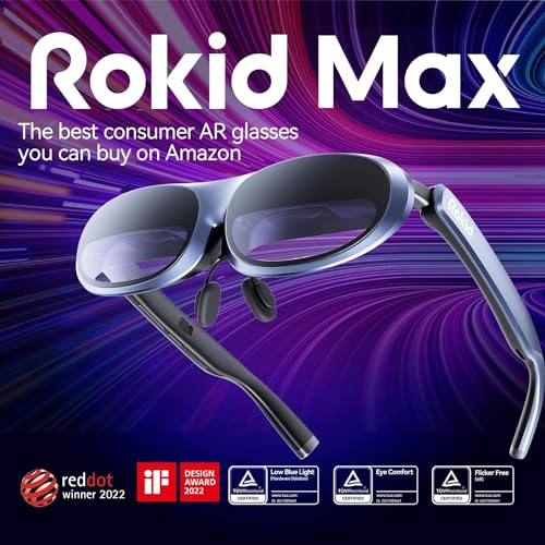 Rokid Max AR Glasses, Smart Glasses with 360" Micro-OLED Display, Google Play, Media Streaming, HDCP Support & Cloud Gaming, Console, Android, iOS, Windows Compatible