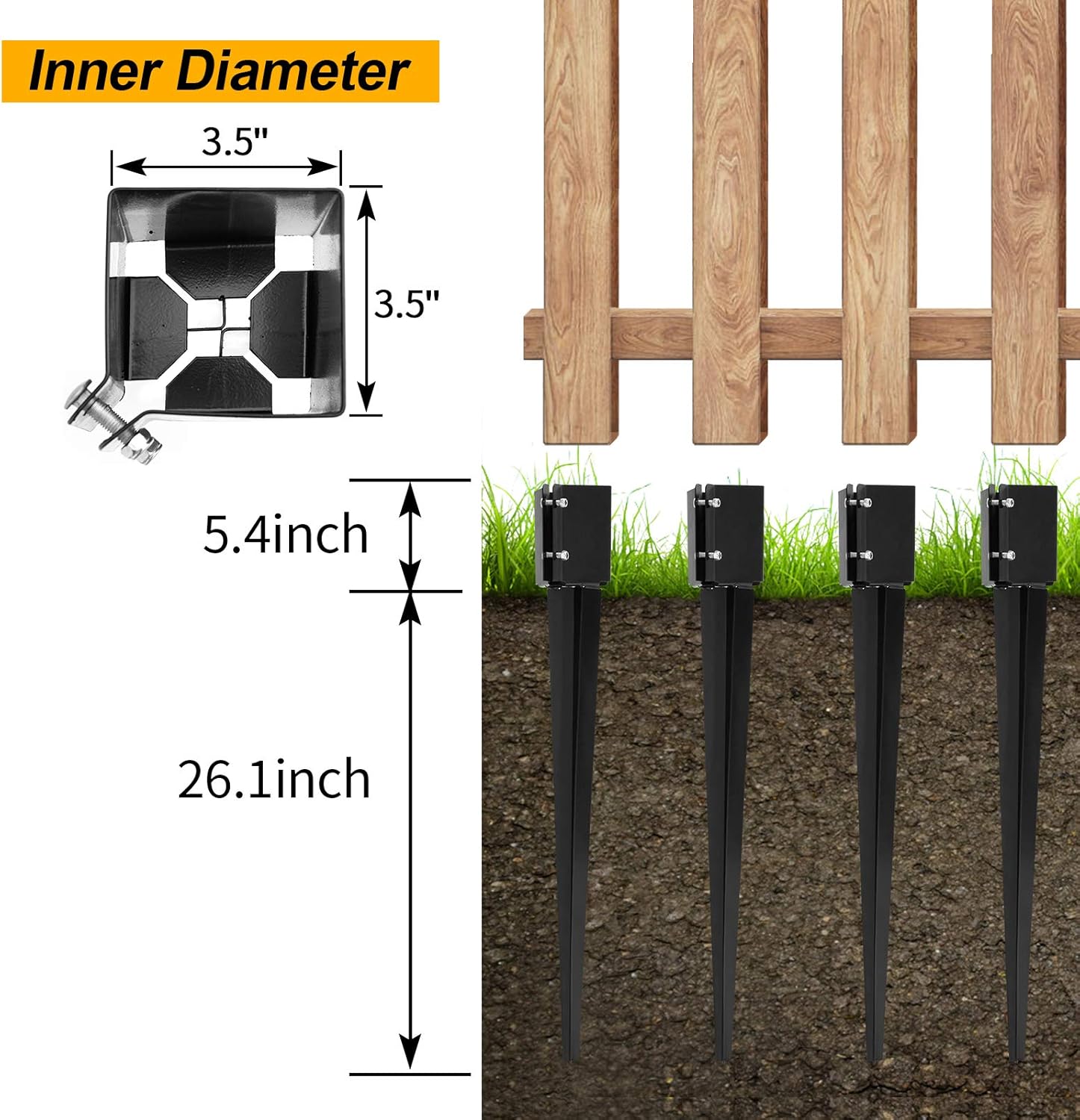 Doniks 4 Pack Fence Post Anchor Ground Spike 32×4 x 4 inch Heavy Duty Metal Powder Coated Post Base for Mailbox Fence Guidepost Garden Ground Post Nail with Tightening Screws Lock Nuts Pack of 2