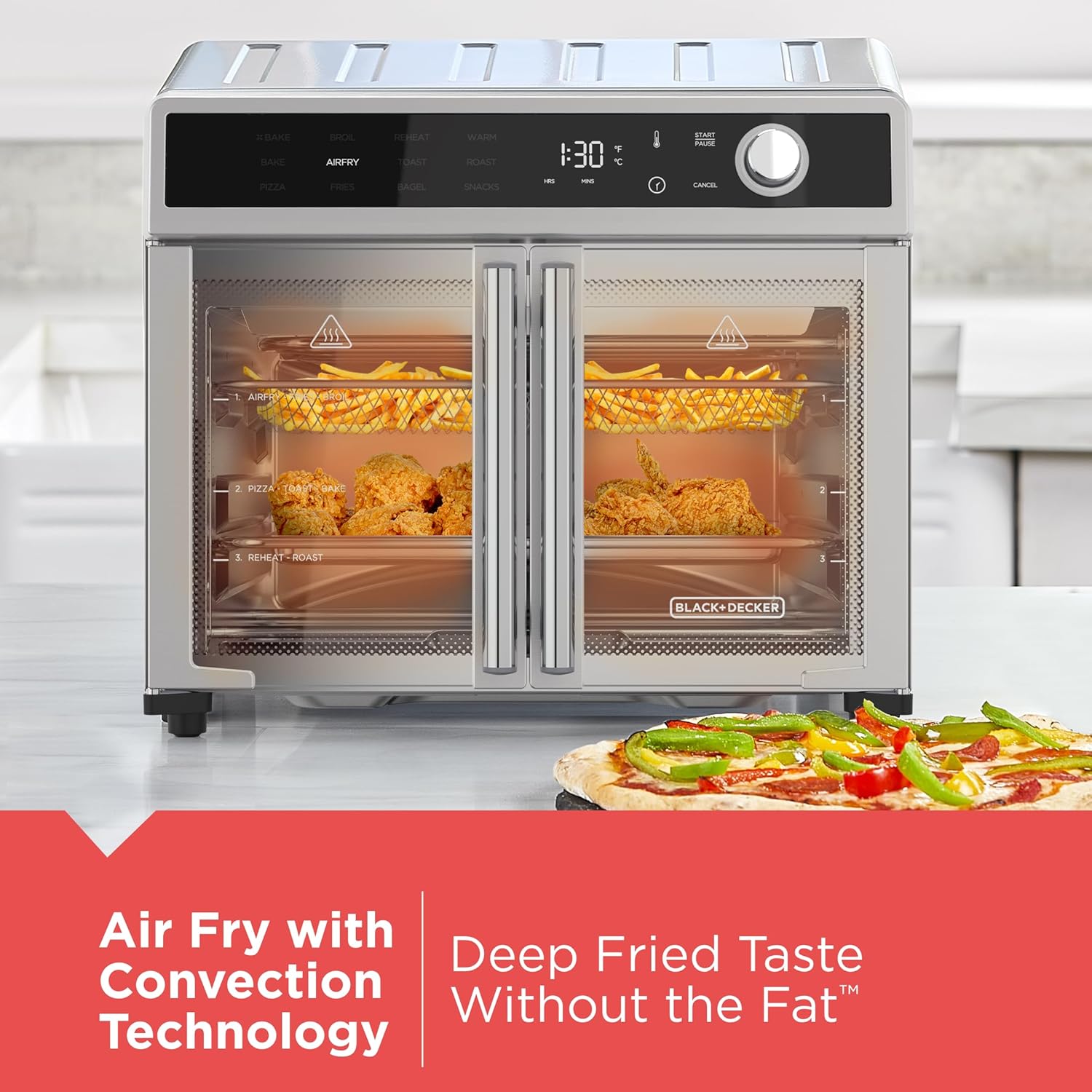 BLACK+DECKER Crisp 'N Bake French Door Air Fryer Oven, TO62D5-1SD, 12 Cooking Functions, 60-minute Timer, Air Fry with Convection Technology & Compact Design