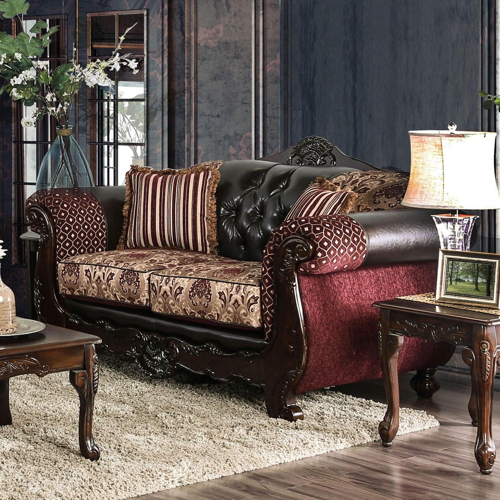 Traditional Burgundy & Dark Brown Chenille Sofa and Loveseat FOA Quirino