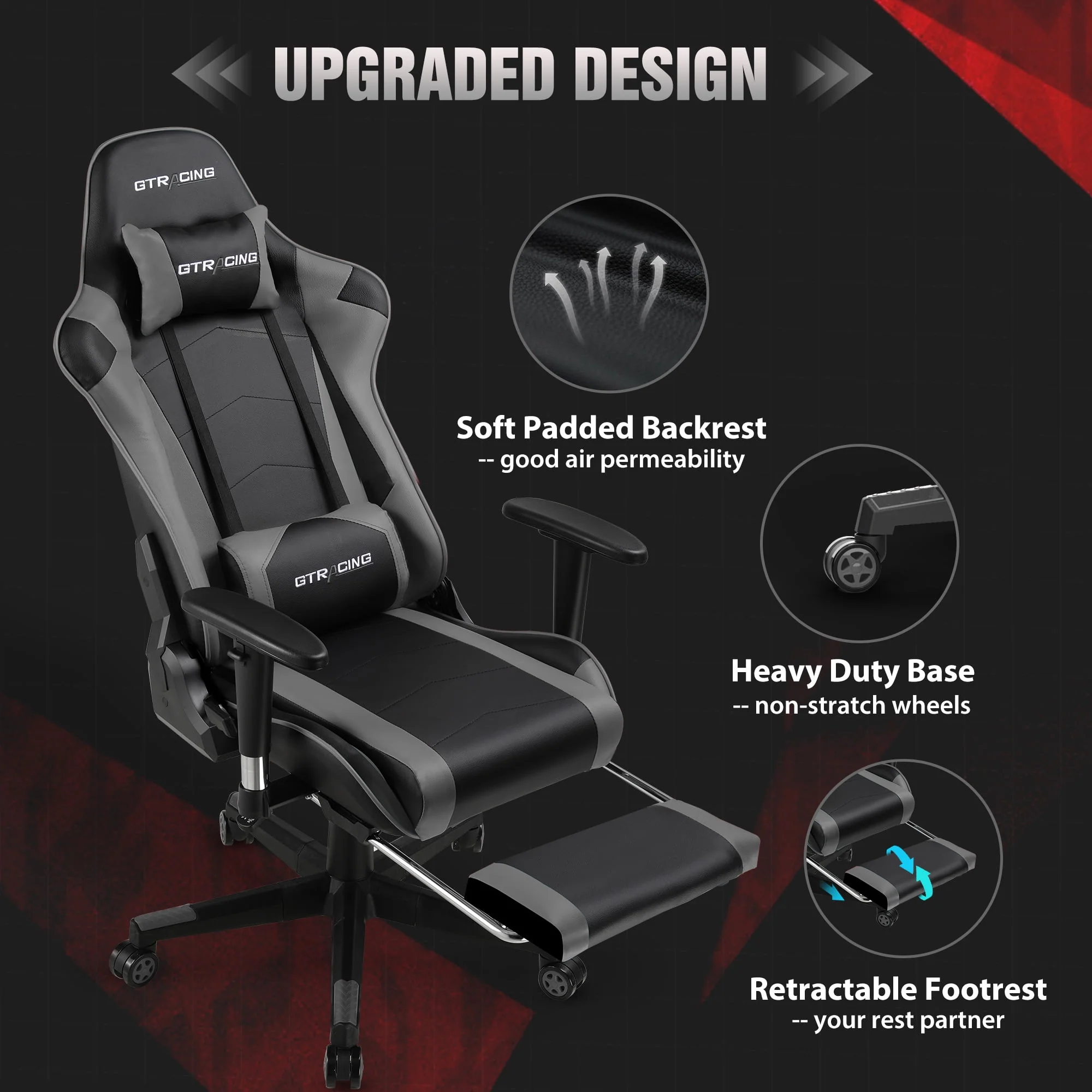GTRACING Gaming Chair Office Chair PU Leather with Footrest & Adjustable Headrest, Red