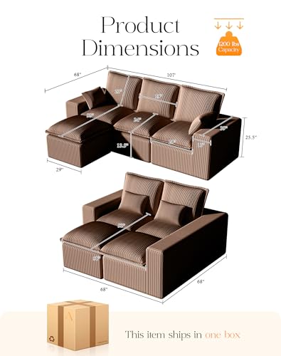 107" Comfy Cloud Couch with L-Shape Chaise & Deep Seat, Modular Sectional Sofa in a Box, Boneless Upholstered Couches for Living Room, No Assembly Required (Soft Corduroy, Black)