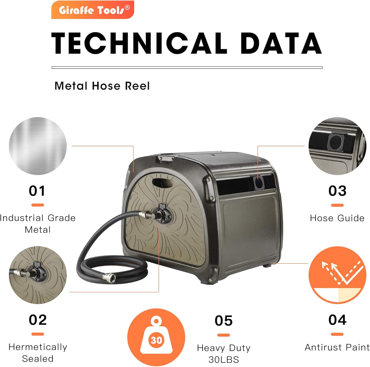 Giraffe Metal Hose Reel Box, Heavy Duty Garden Hose Storage Reel Hideaway with Crank Handle, 150ft 5/8" Hose Capacity