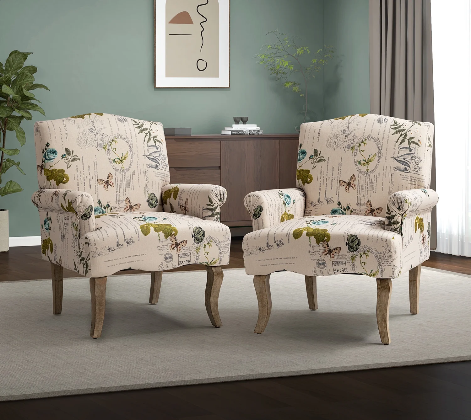 Upholstered Armchair Set of 2 with Unique Pattern & Retro Wooden Legs Adult, Floral