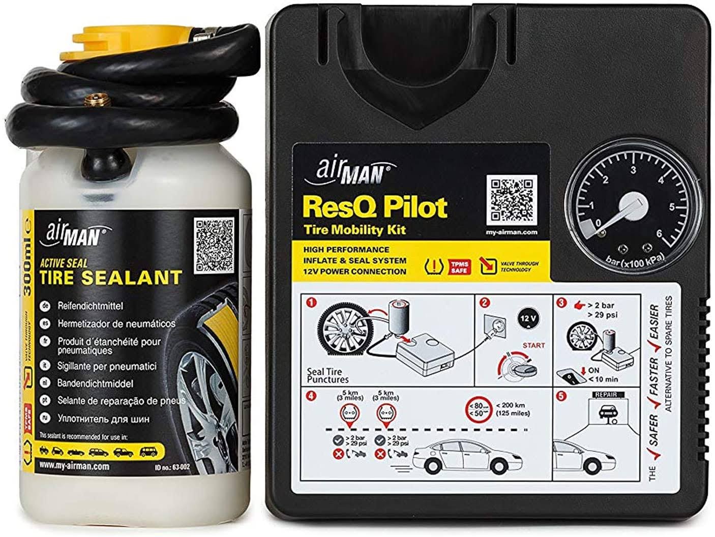 Airman ResQ Pilot Roadside Tyre Repair Kit for No Tools, Safe and Fast, Emergency Puncture Fix with Valve Through Tyre Sealant a
