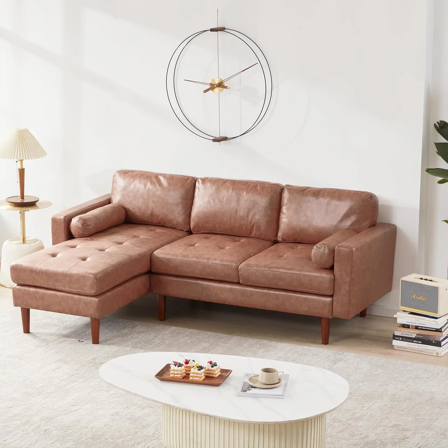 80" W Sectional Sofa Couch, L Shaped Couch with Reversible Chaise, Mid Century Modern Leather Couches for Living Room Apartment Small Space, Convertible Sofa with Tufted Seat Cushion, Brown