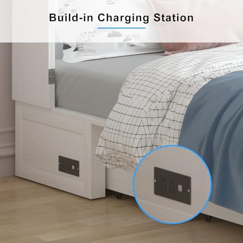 PUREMIND Queen Murphy Bed Cabinet with 2 Storage Drawers, Hideaway Murphy Chest Bed with Mattress, Cabinet Beds Wallbed with USB Charging Station for Bedroom, Guest Room