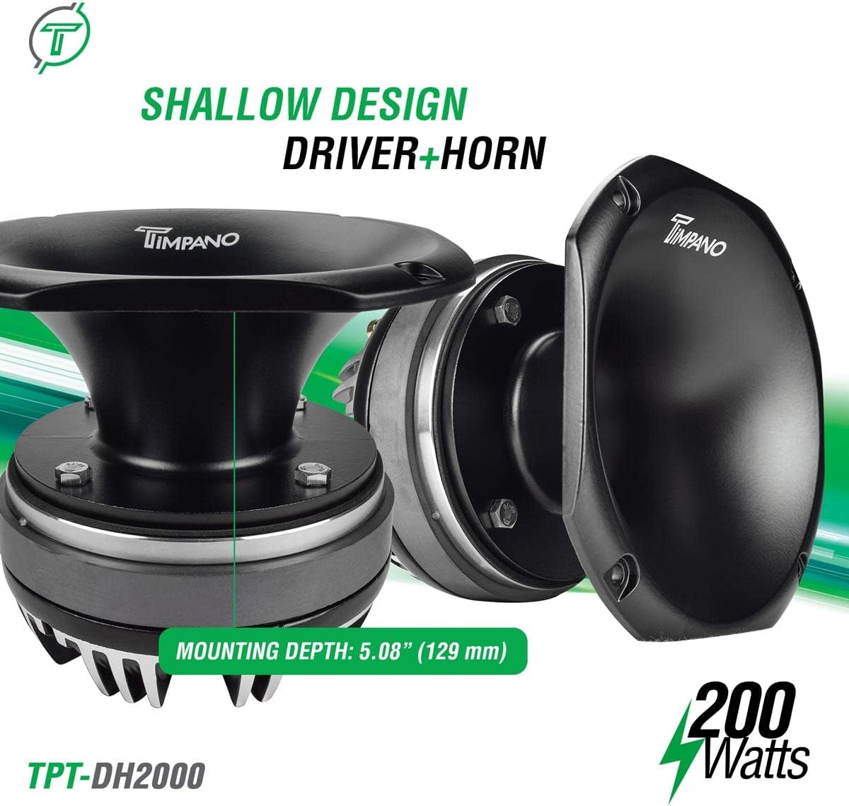 Timpano TPT-DH2000 2" Exit Compression Driver Horn 200 Watts Continuous Power 8 Ohm 109 dB Slim Profile Aluminum Horn + Ferrite Driver Pack of 2