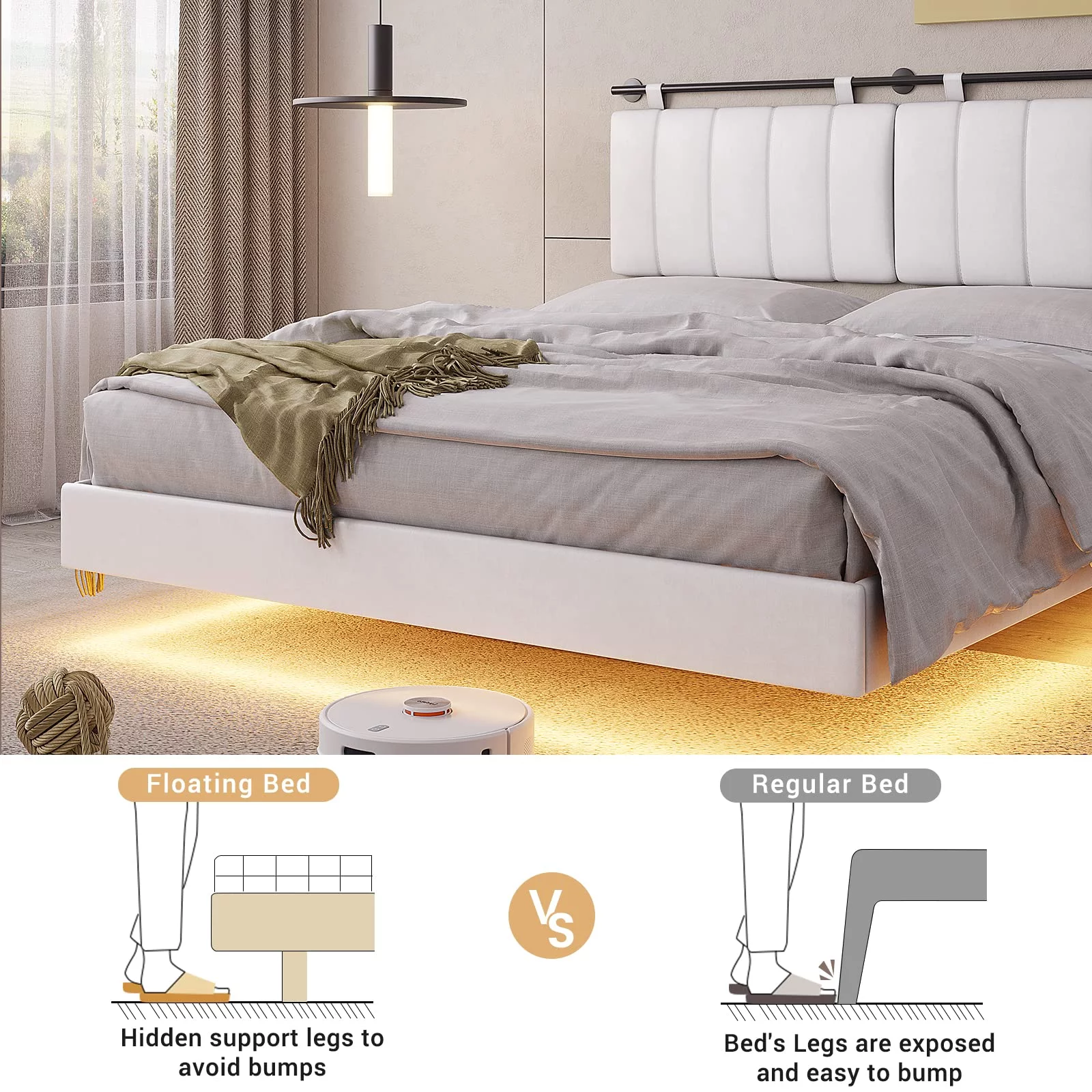 Afuhokles LED Floating Queen Bed Frame with Wall Mounted Headboard and Led Lights, Platform Bed Frame with Upholstered Headboard, Faux Leather Fabric, No Box Spring Needed, White