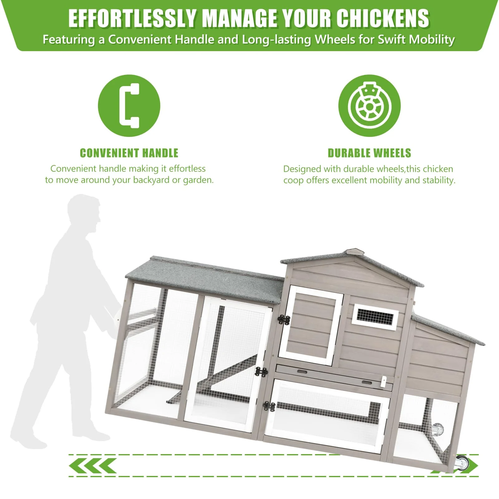 PetsCosset Large Chicken Coop with Wheels, Backyard Wooden Hen House Outdoor for 2-3 Chickens, 2 Story Poultry Cage Chicken Coop and Run, Nesting Box, Pull Out Trays, for Small Animals Rabbit Duck