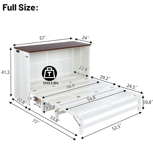 Queen Murphy Bed Cabinet, Murphy Bed Queen with Storage Drawer & Charging Station, USB Port, Solid Pine Wall Beds for Home Office, Studio or Guest Room, White