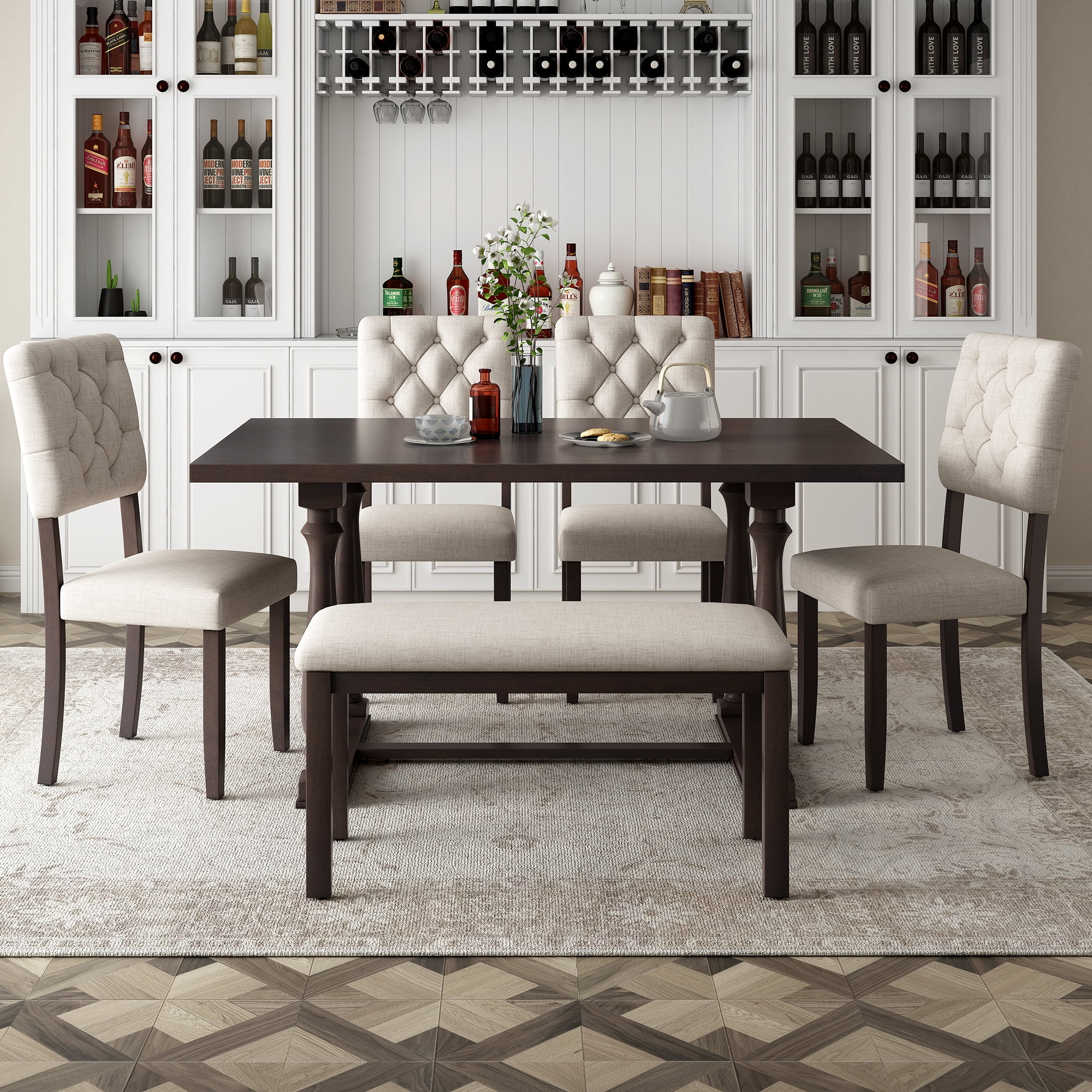 Besthome 6-Piece Dining Table and Chair Set with Special-shaped Legs and Foam-covered Seat Backs&Cushions for Dining Room (Espresso)