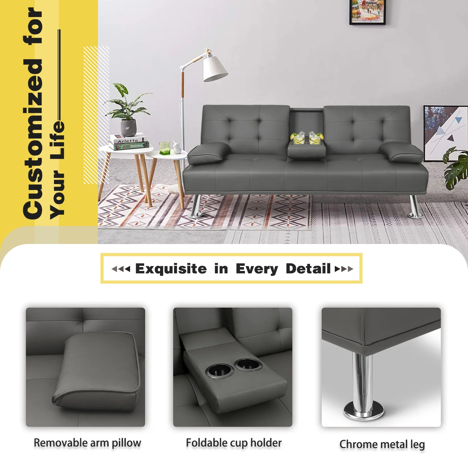 Lacoo Modern Faux Leather Convertible Futon with Cup Holders & Pillows, 65" Black