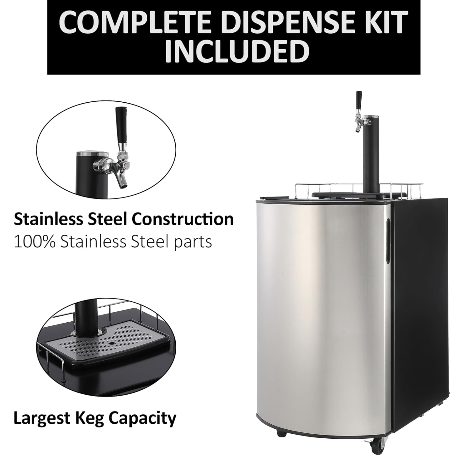 Beer Kegerator, Single Tap Draft Beer Dispenser, Full Size Keg Refrigerator With Shelves, Stainless Steel, Drip Tray & Rail,silver
