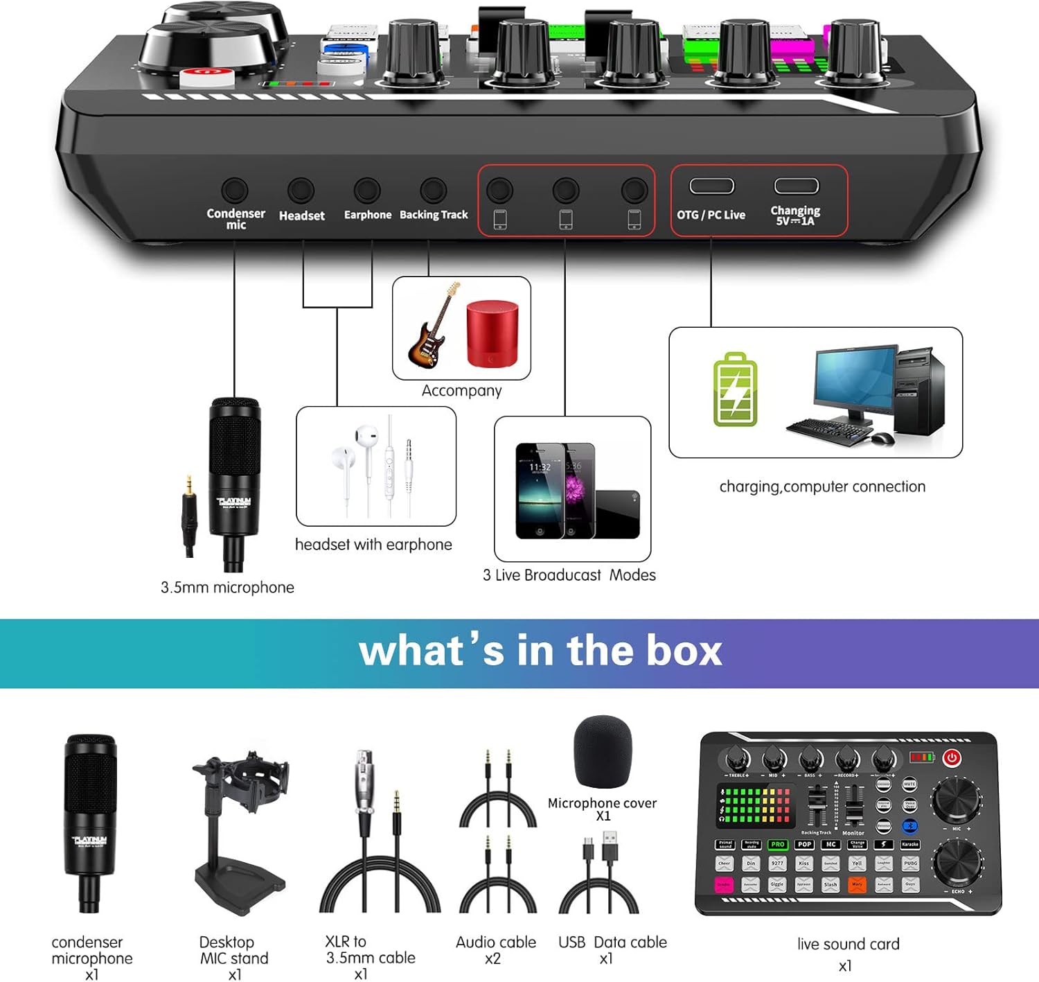 Podcast Equipment Bundle, Sound Card ,Sound Board,Professional DJ Audio Interface Mixer, Portable ALL-IN-ONE Podcast Production Studio with XLR Microphone for Live Streaming, Recording and Gaming