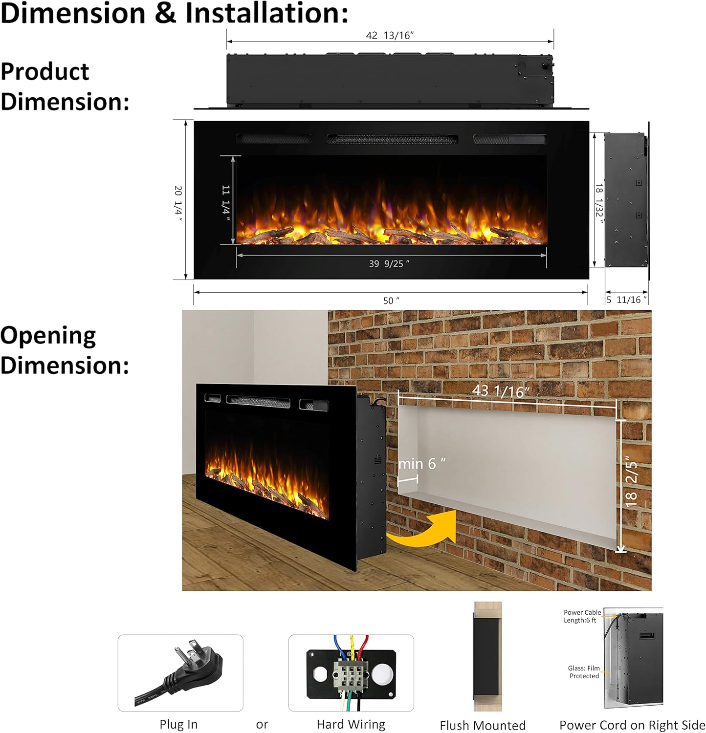 PuraFlame Alice 50 Inches Recessed Electric Fireplace, Flush Mounted for 2 X 6 Stud, Log Set & Crystal, 1500W Heater, Black