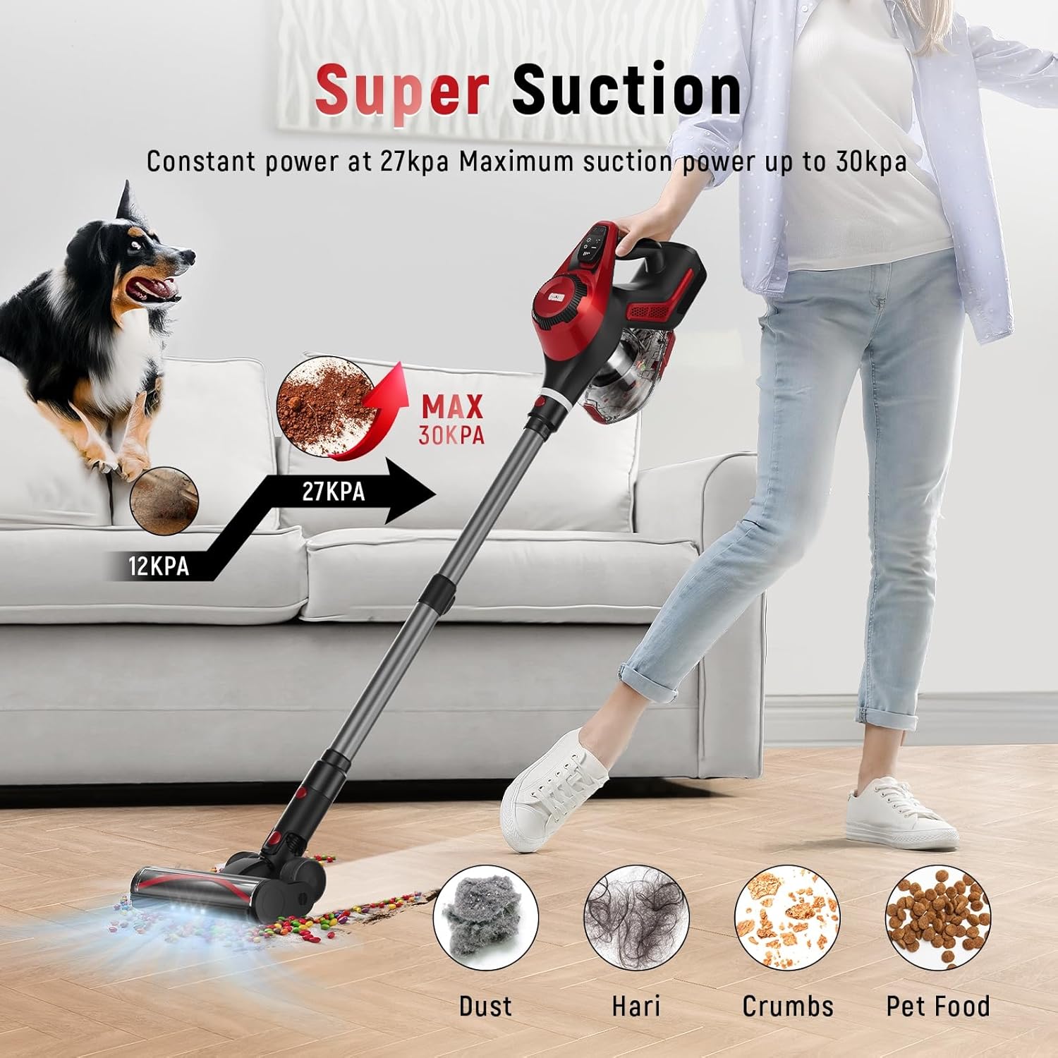 Curvymoon Vacuum Cleaners for Home, 30Kpa Cordless Stick Vacuum, Free-Standing & Smart Display, 55mins Max Runtime, Lightweight Handheld Vacuum for Pet Hair/Carpet/Hardwood Floor