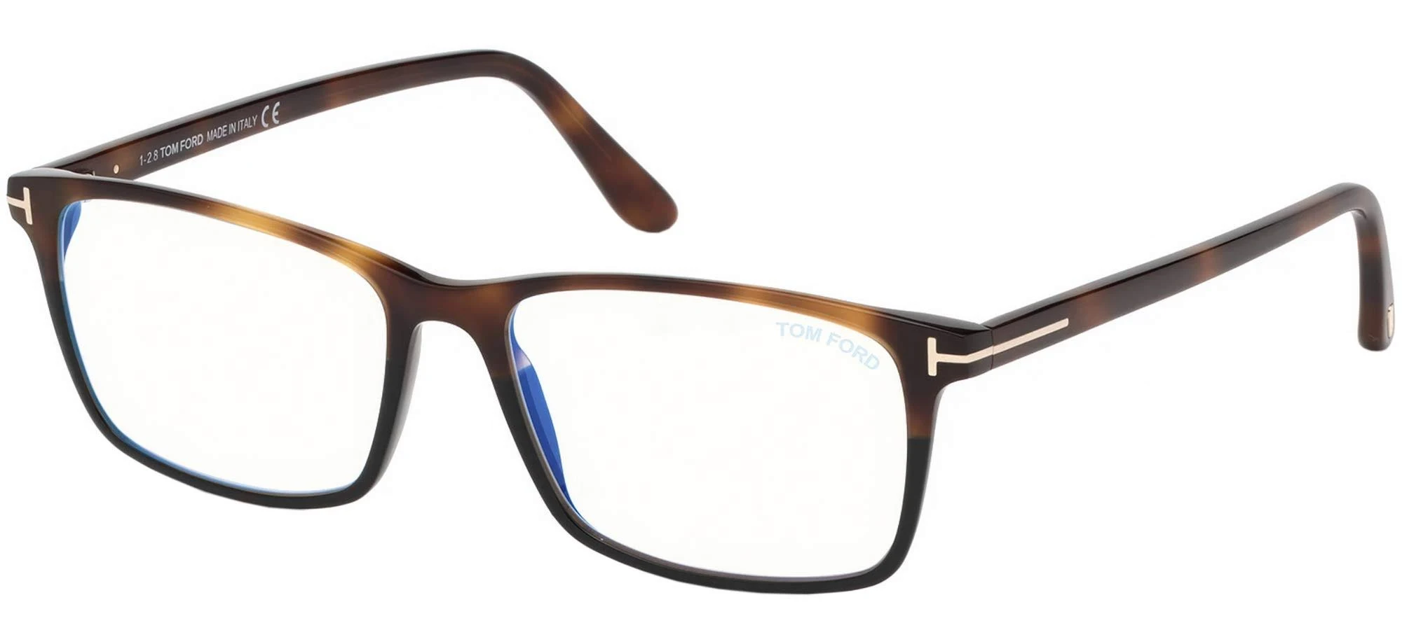 Tom Ford FT5584-B Shiny Medium Havana u0026 Black, Rose Gold T Logo / Blue Block Lenses