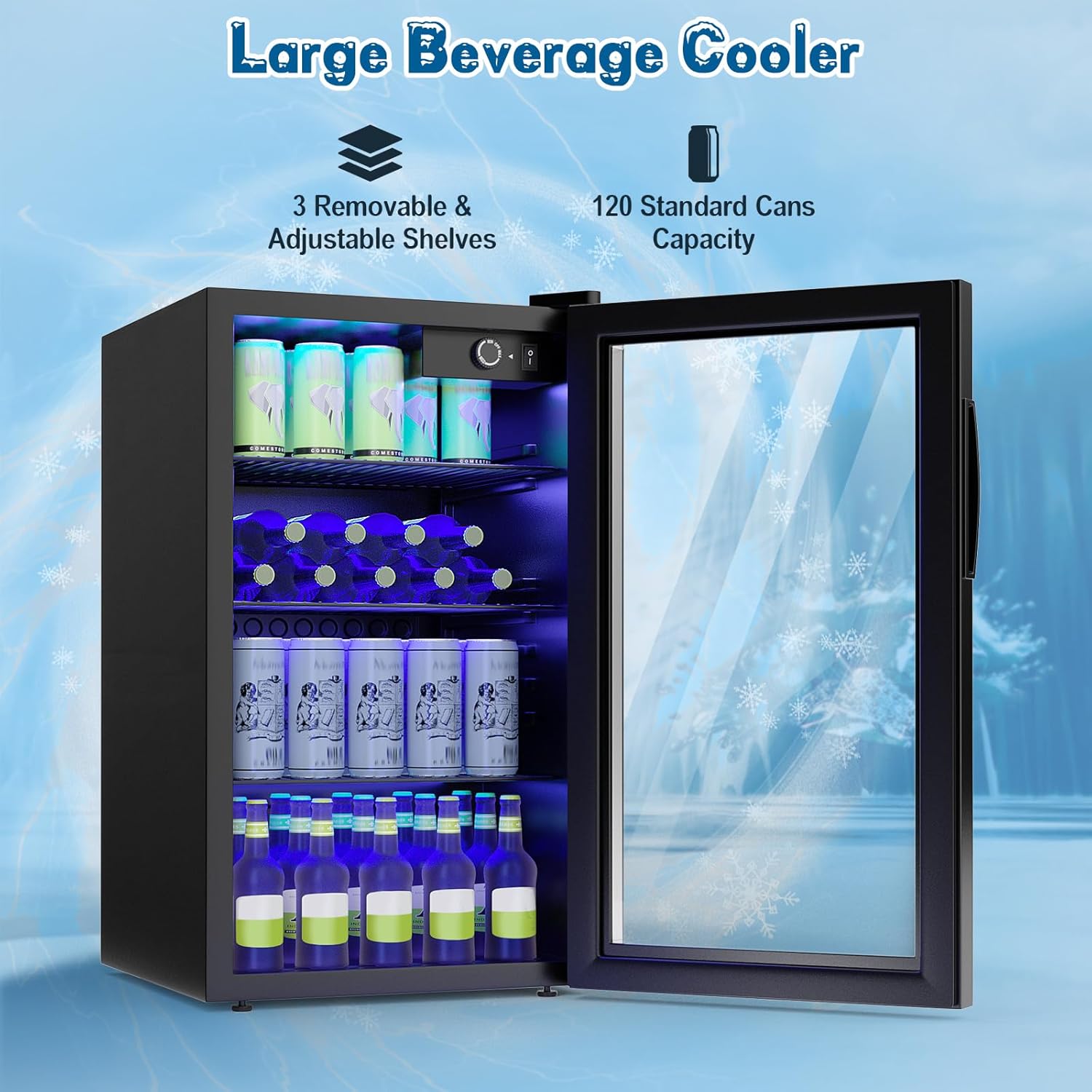 Mini Beverage Fridge, 120 Can, Beverage Fridge w/Glass Door, Adjustable Shelves, LED Light & Temperature Control, Small Beverage Refrigerator for Bedroom, Home, Office, Bar, 3.2 Cu. Ft.