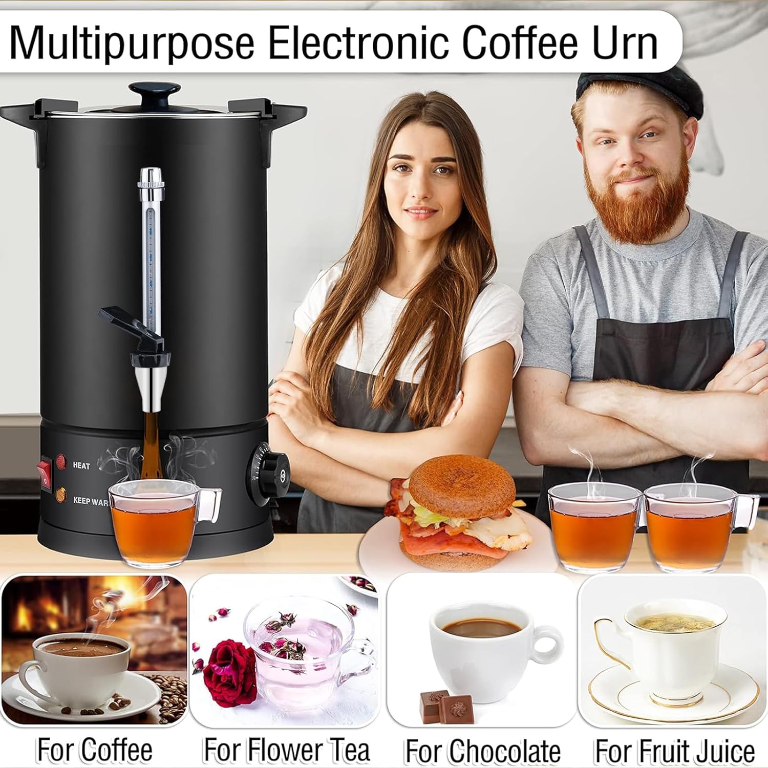 Commercial Coffee Urn 304 Grade Stainless Steel Percolate Coffee Pot Coffee Maker Hot Water Urn 1600W Hot Drink Dispenser for Catering, 50-Cup 8 L (Black)