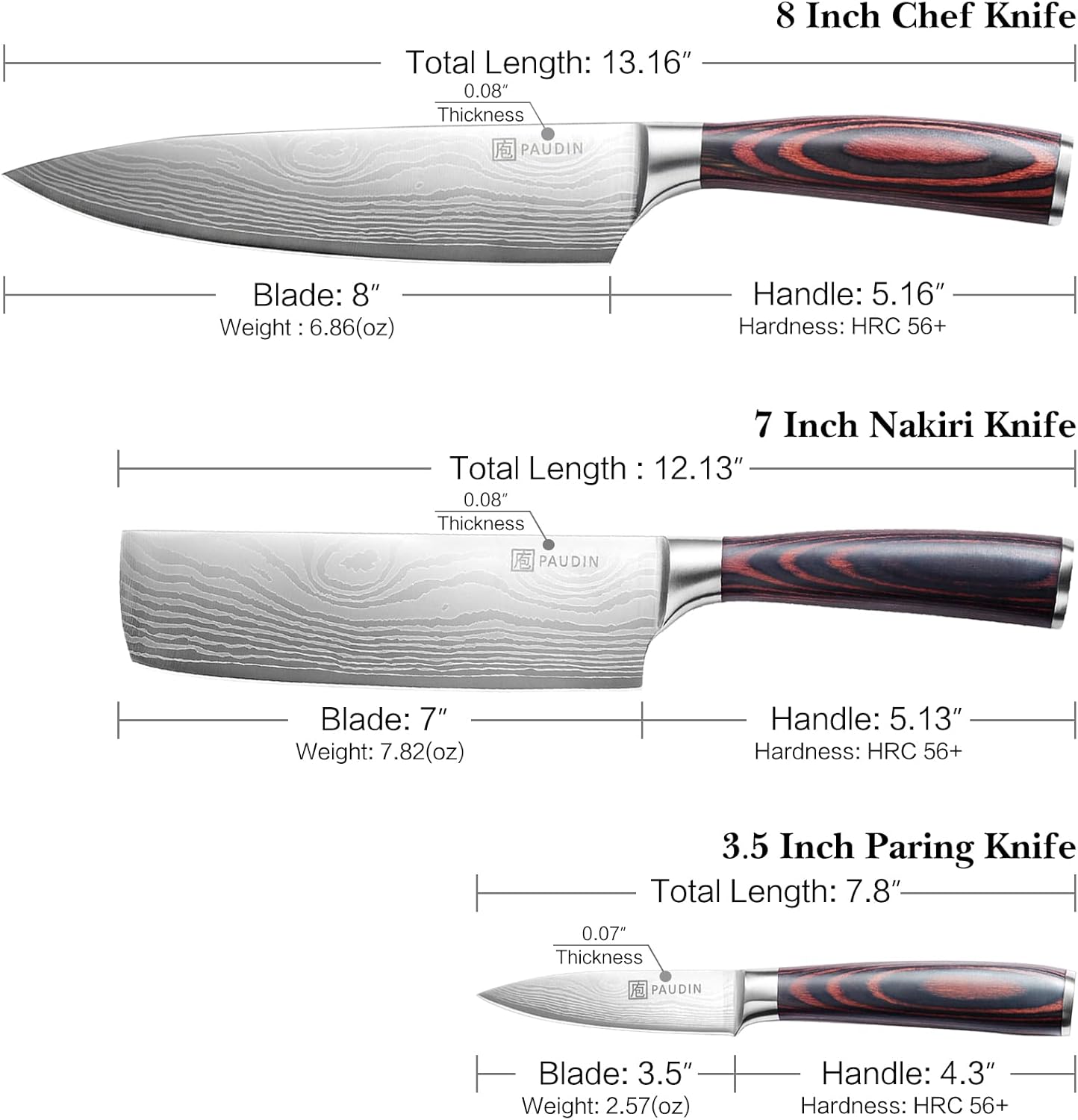 PAUDIN Kitchen Knife Set, Professional Chef Knife Set with Ultra Sharp Blade & Wooden Handle, 3 Pieces German High Carbon Stainless Steel Knife Set