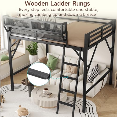 Full Size Loft Bed with Stairs and Storage, Metal Loft Bed Frame with Bedside Shelf and Large Under-Bed Space, Heavy-Duty Bed for Adults Teens and Kids, Black