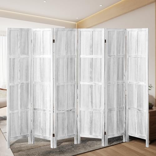 Wood Room Divider 4 Panel, 5.6 FT Tall Room Divider and Folding Privacy Screen, Partition Divider for Room Separation, Wooden Wall Divider Screen for Home Office Bedroom (Retro White)