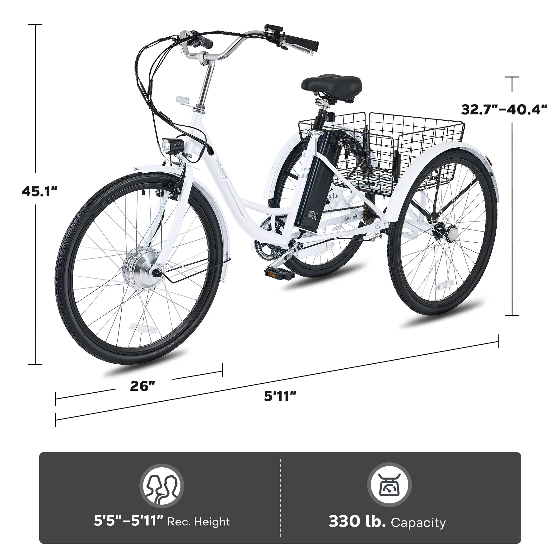 26" Adult Electric Tricycle 250W Electric Trike with 36V 13Ah Battery UL 2271 White