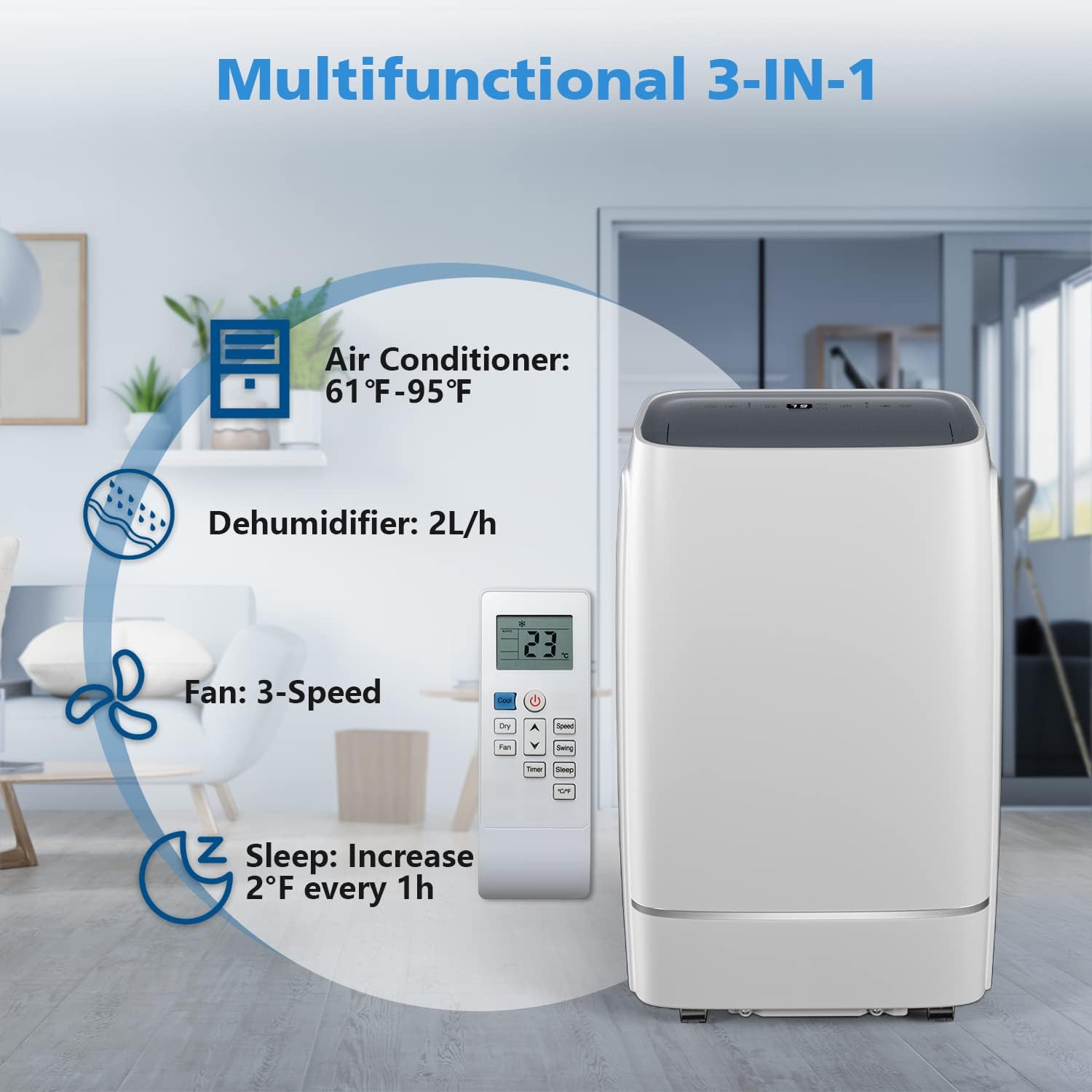 COWSAR 12000 BTU Portable Air Conditioner 4-IN-1 Portable AC Unit 24H Timer Room Air Conditioners 400 Sq.Ft. Coverage ＜53dB Stand Up Air Conditioner
