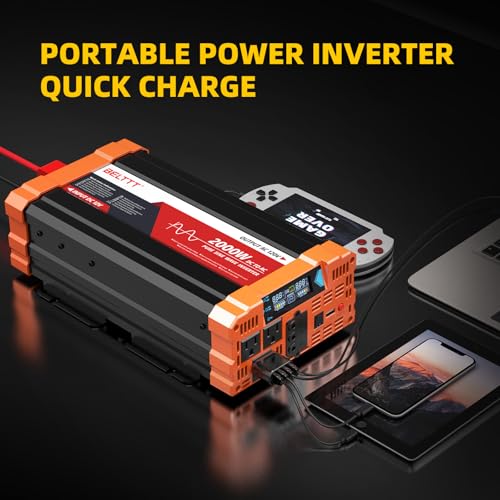 BELTTT 2000W Pure Sine Wave Inverter, Car Power Inverter 12V to 120V AC Converter for RV, Truck, Solar, Outdoor with Dual AC and 20A Socket, 5V 2.1A USB, Surge 4000W, Hardwire Port, Remote Controller