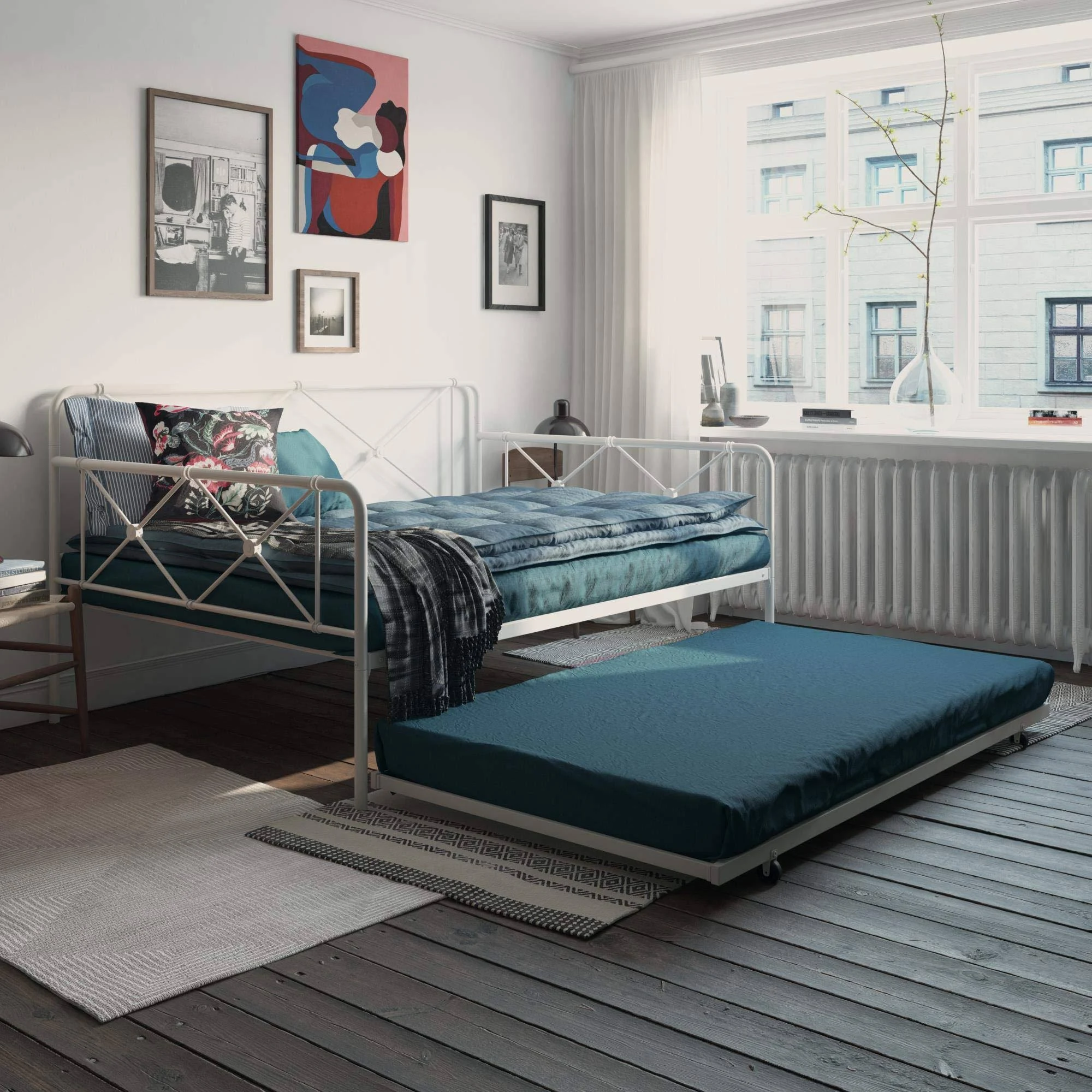 RealRooms Ally Metal Farmhouse Daybed with Trundle, Sturdy Secured Steel, Full, White