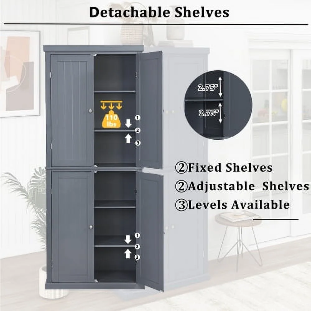 Motent Freestanding Tall Kitchen Pantry, 72.4" Minimalist Kitchen Storage Cabinet, Large Display Cabinet, Storage Cabinet for Living Room with 4 Doors and Adjustable Shelves, Gary