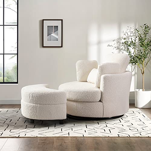 Chair and A Half with Ottoman, 360° Swivel Accent Barrel Chair Modern Comfy Round Reading Sofa Swivel Chairs Circle Lounge Chair for Bedroom Living Room w/4 Pillow Lower Seating Heigh (White, Large)