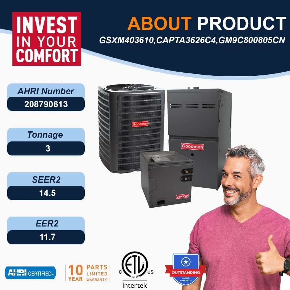 Goodman 3 Ton 14.5 SEER2 Single Stage Air Conditioner GSXM403610 and 80,000 BTU 80% AFUE Multi-Speed Gas Furnace GM9C800805CN Upflow System with CAPTA3626C4