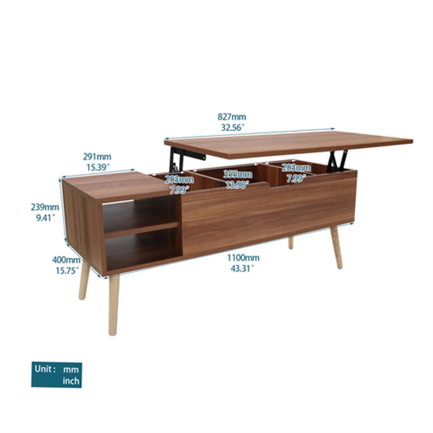 Coffee table, computer table, black, solid wood leg rest, large storage space, can be raised and lowered desktop