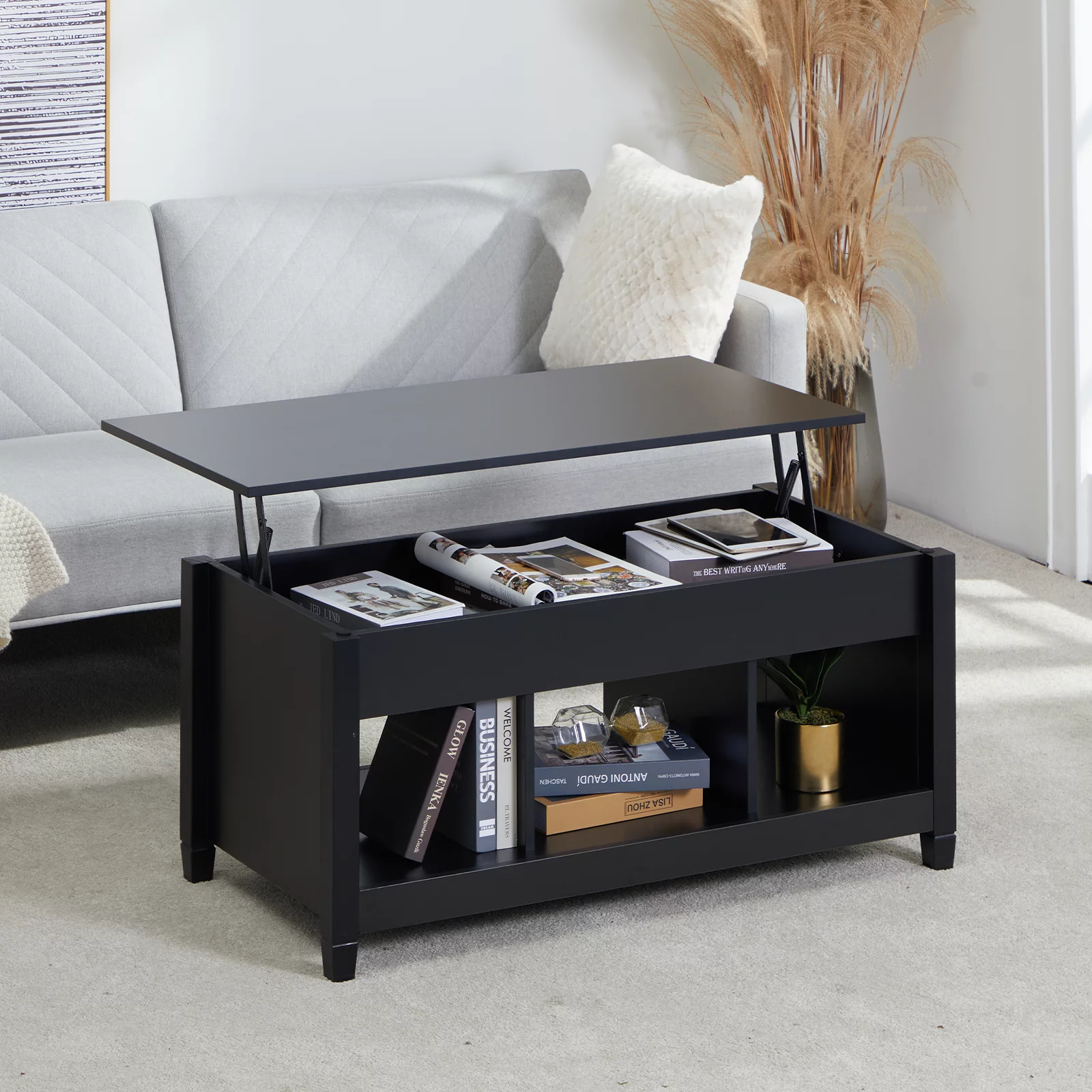 Lift Top Coffee Table, 41" X 19.5" Rising Dining Table w/4” Depth Hidden Storage Compartment & 3 Open Shelves, Coffee Table Lift Top for Reception & Living Room, Office, Small Apartment