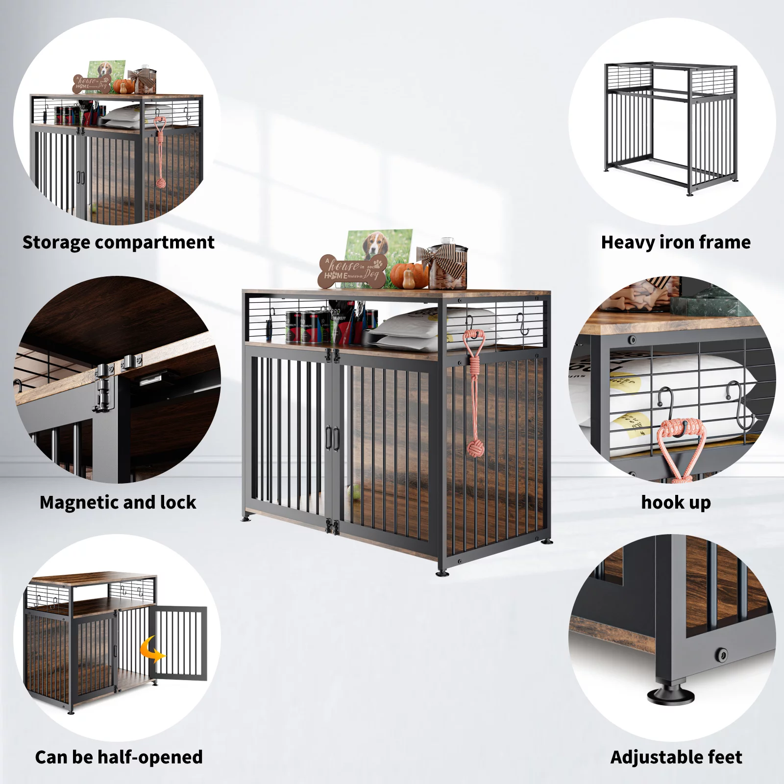 LILYPELLE Dog Crate Furniture, Heavy Duty Dog Cage Indoor Dog Kennel Furniture Style, Double Doors Dog House for Small/Medium/Large Dog