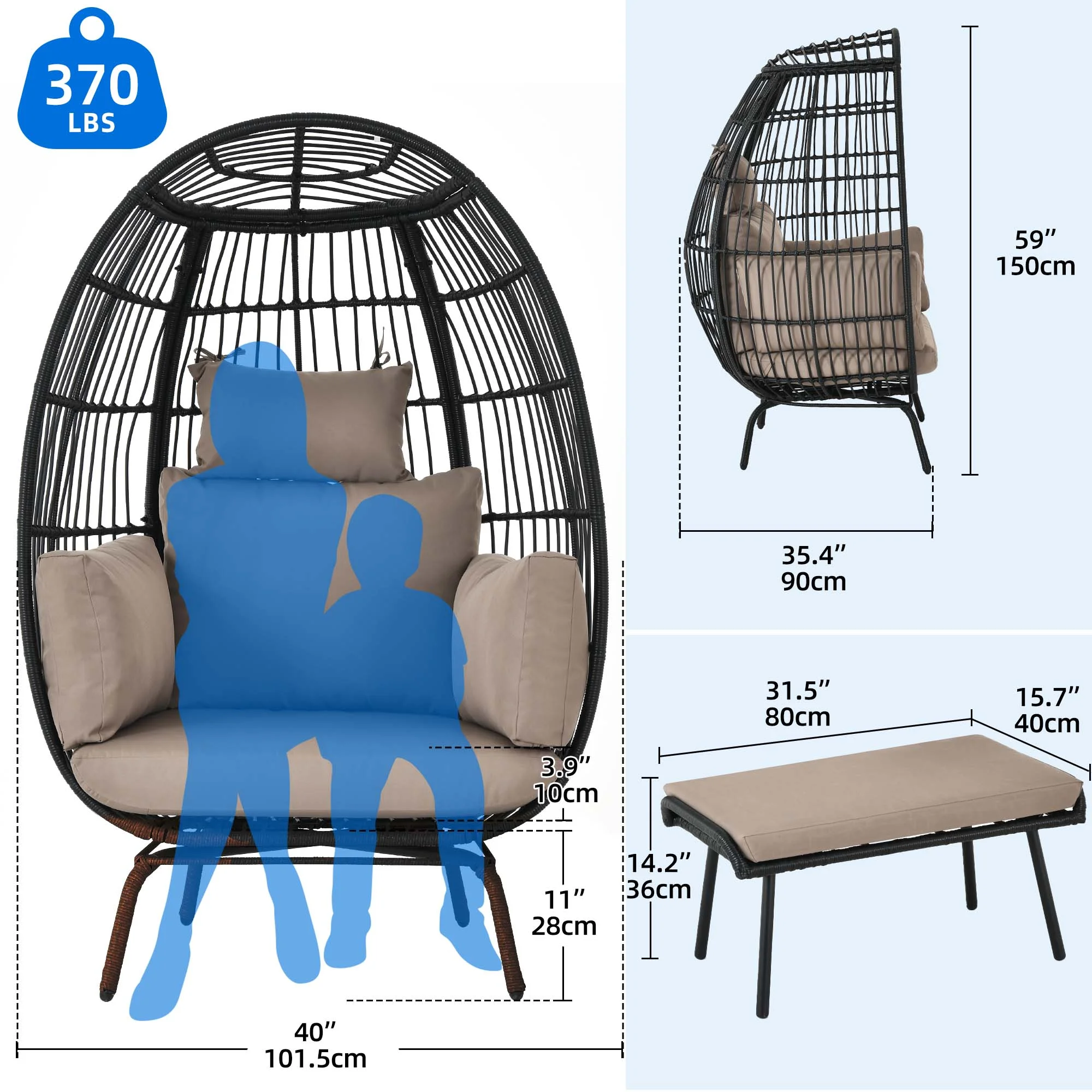DEXTRUS Wicker Egg Chair with Ottoman,with Stand, Cushions, Egg Chairs for Patio - Black