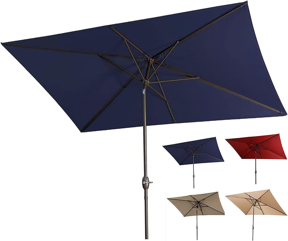 SFJ-CA Rectangular Umbrella Outdoor Market Patio Table Umbrella Polyester Fabric Alloy Bracket Tilt and Crank, Suitable for Market Garden Beach Pool - Navy Blue