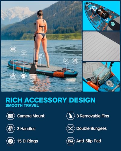 11'6''×34"×6" Extra Wide Inflatable Paddle Board, Stand Up Paddle Board, Sup Board with 3 Removable Fins, 10L Waterproof Bag, 16 D-Rings, Backpack, Hand Pump, Floating Paddle, Safety Leash