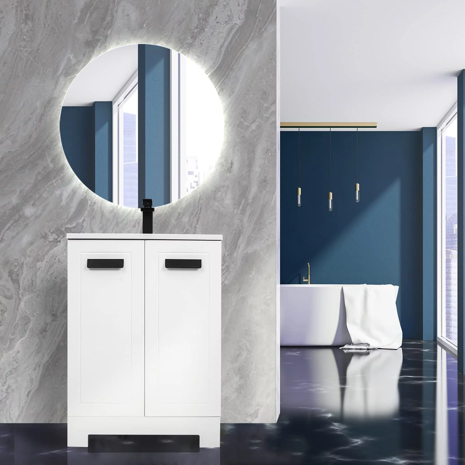 FULLWATT 24 inch Modern Stand Pedestal Wooden Bathroom Cabinet with Undermount Sink Combo