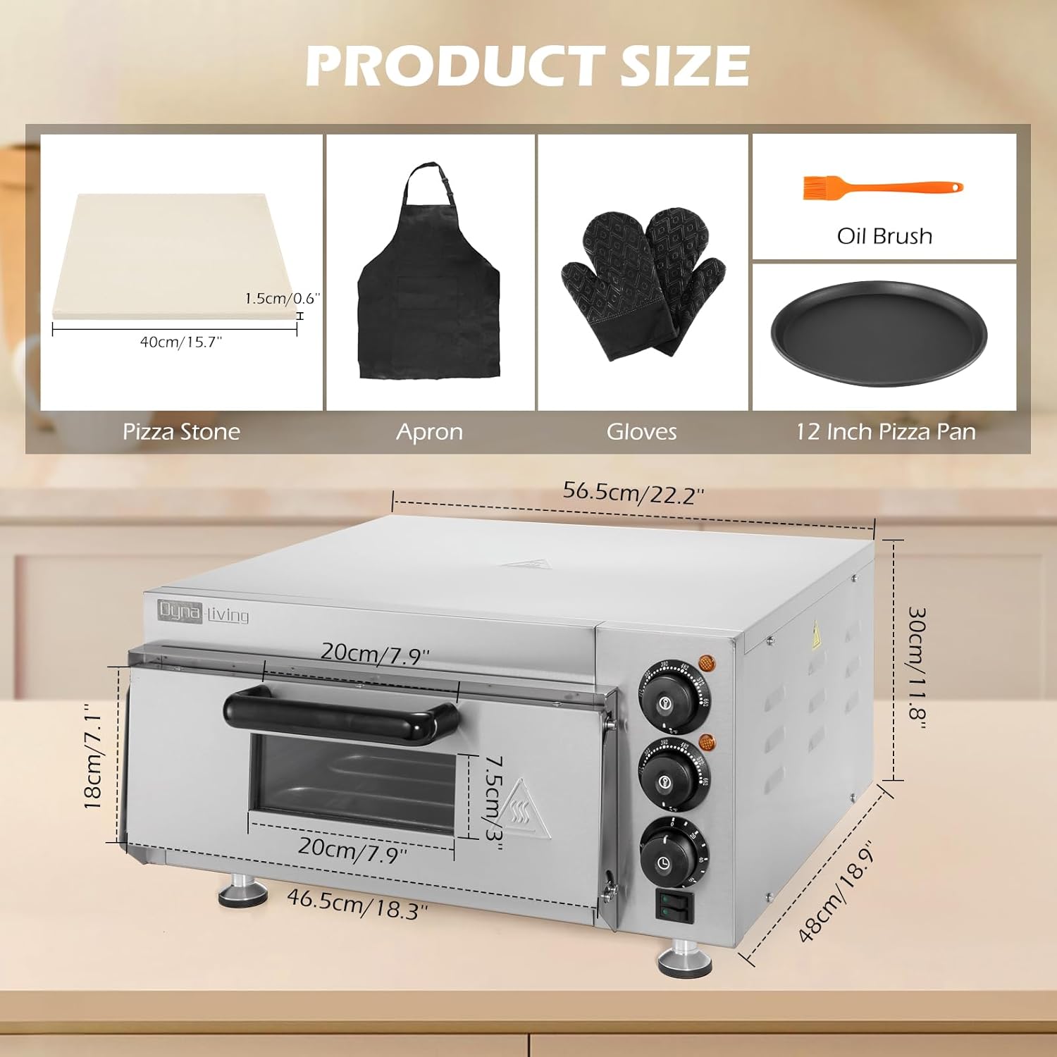 Dyna-Living Electric Pizza Oven Countertop Commercial Pizza Oven Indoor Pizza Oven 1900W Stainless Steel Commercial Pizza Maker with 12 Inch Pizza Pan and Pizza Stone for Restaurant Home Food Truck