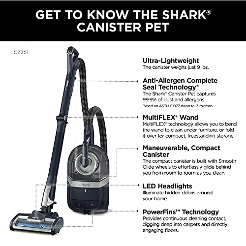 Shark CZ351 Pet Canister Vacuum, Bagless, Corded with Self-Cleaning Brushroll & PowerFins
