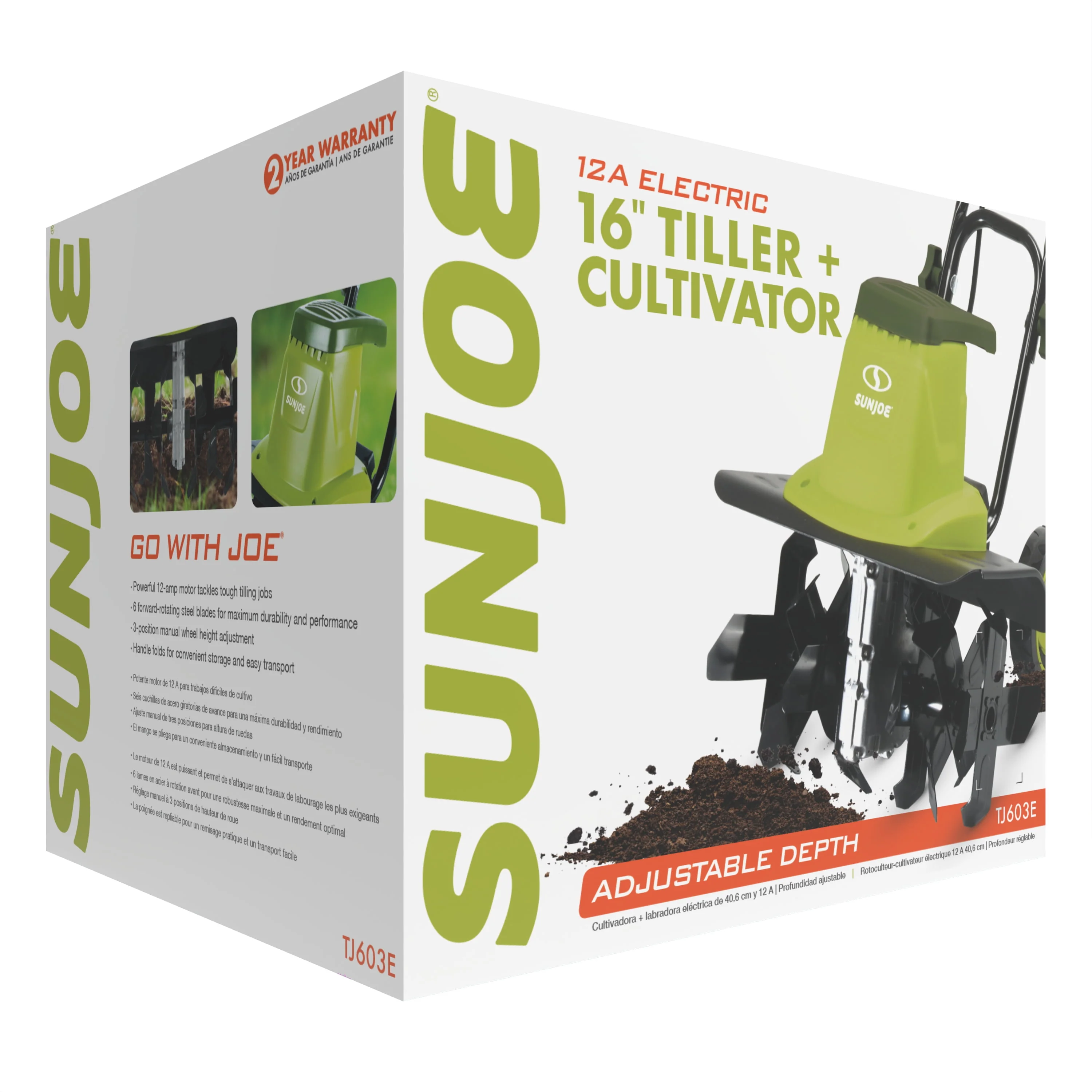 Sun Joe Electric 16-inch Garden Tiller + Cultivator, 12-Amp, 3-Position