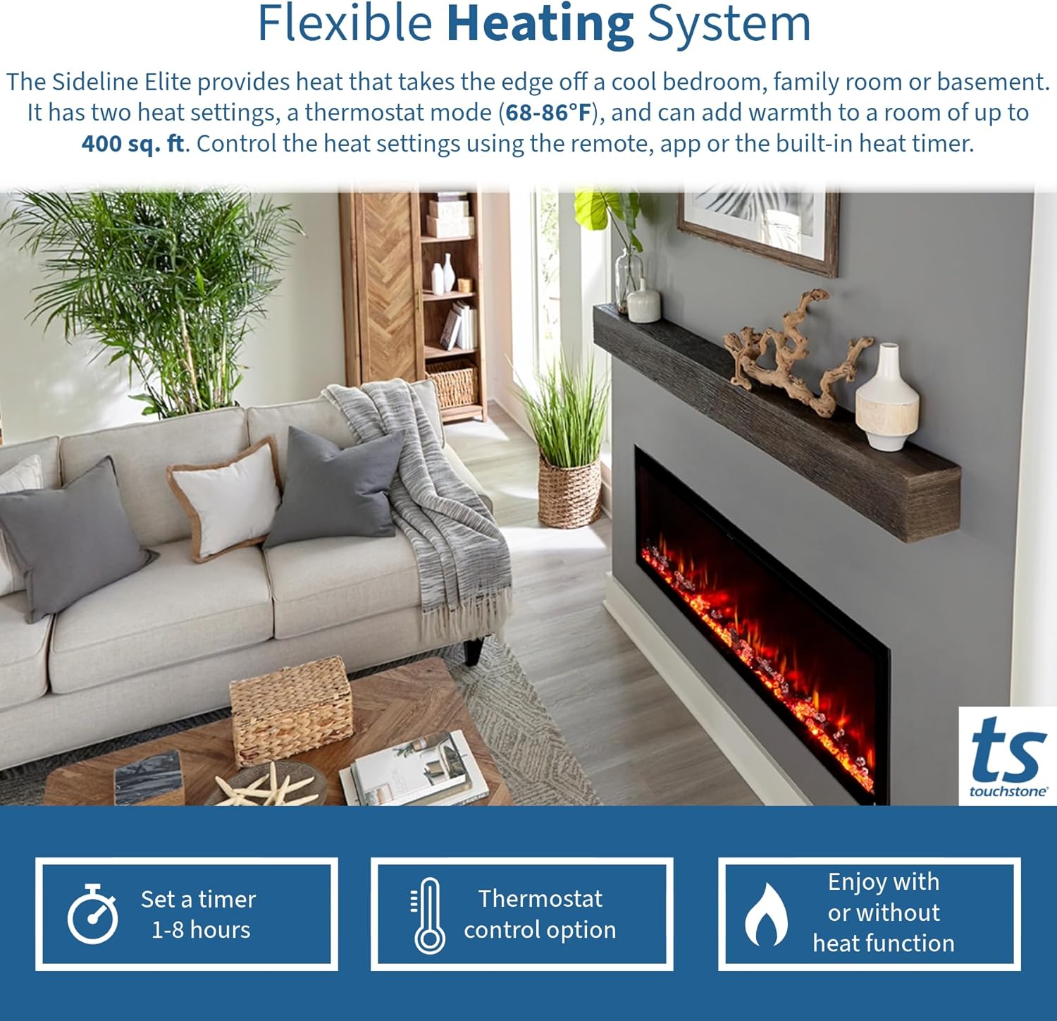 Touchstone Fireplace and Encase Mantel Bundle - The Sideline Elite 60 Inch Wide Smart Electric Fireplace and Natural Finish 72 Inch Encase Wood Mantel