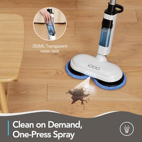 iDOO Electric Mop, Dual-Motor Electric Spin Mop with Sprayer and LED Headlight, Cordless Electric Mop for Floor Cleaning, Powerful Floor Cleaner Floor Scrubber with Transparent Water Tank & Mop Pads