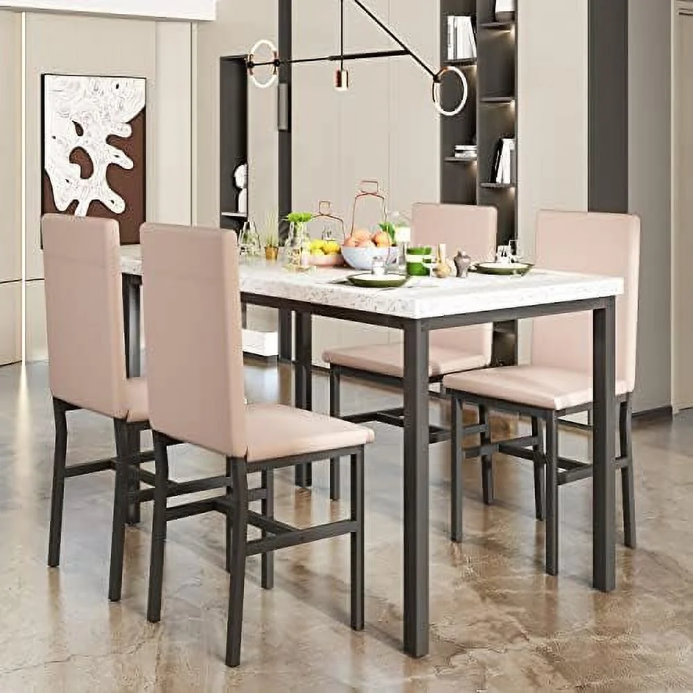HJZBNONE 5-Piece Faux Marble Kitchen Table &amp; Chair Set  4 PU Metal Frame Chairs for Small  Modern Compact Space for Home  Breakfast Nook Cafeteria Dining Room w/ Racks  01 Coffee