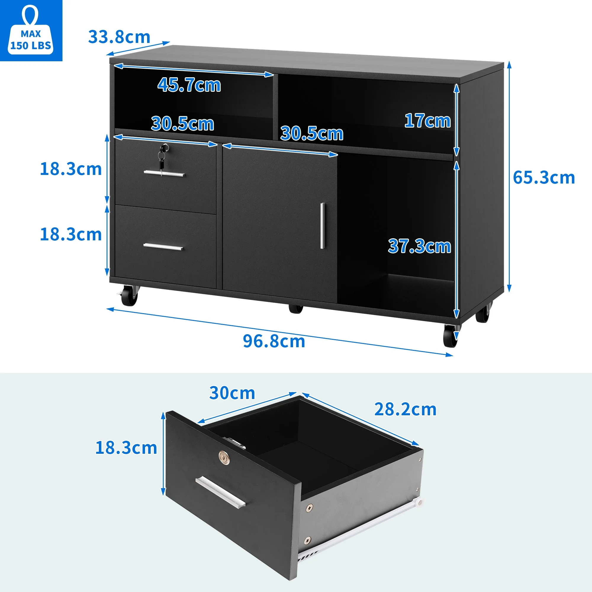 DWVO Office Lateral File Cabinet 2 Drawer with Lock Storage Wood Shelf A4 Size Filing Organizer Black