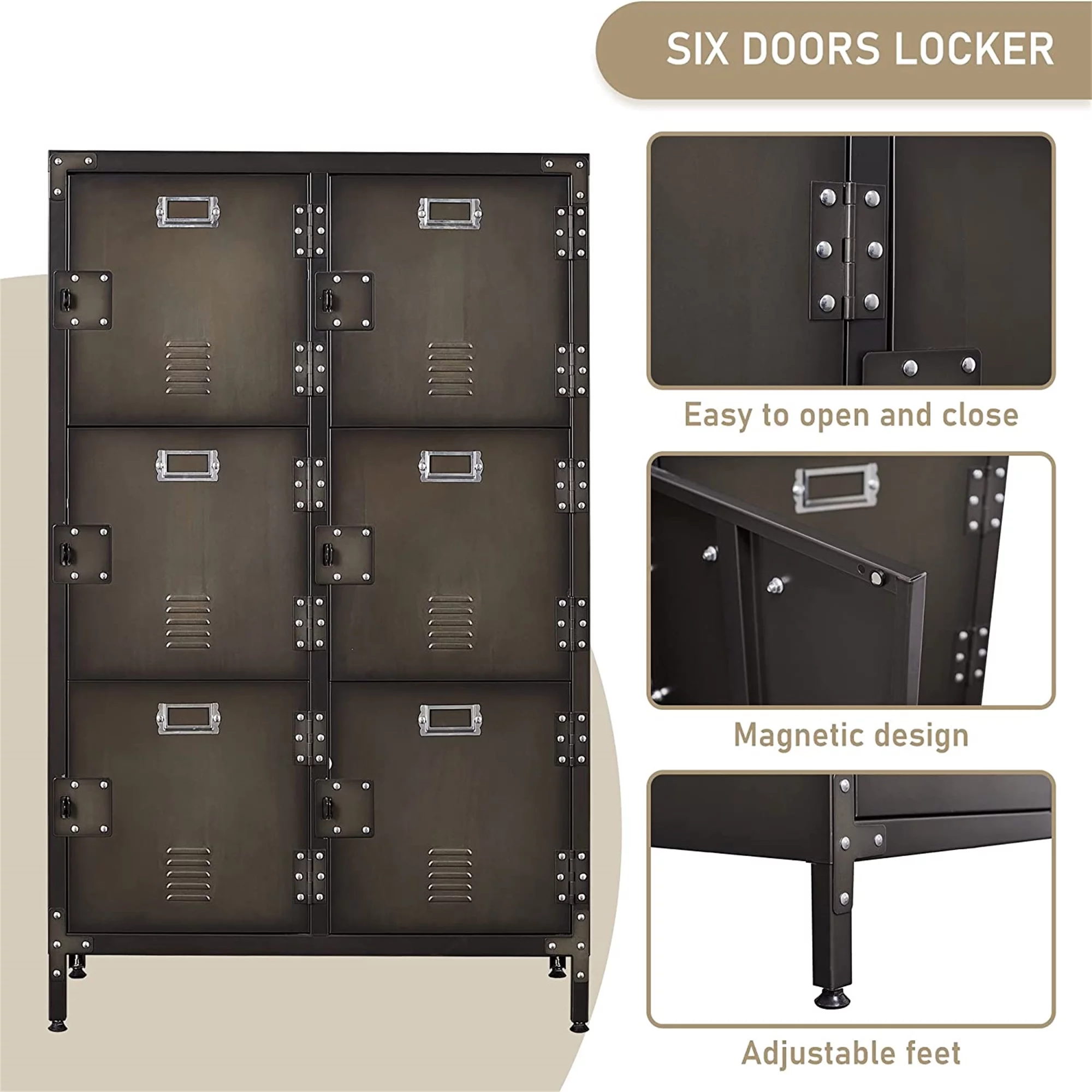 STANI Metal Storage Cabinet, Storage Locker Employees Locker with 6 Doors, 47 Height Steel Cabinet with Lockable Doors, Storage Cabinet with Adjustable Feet for Home Office Gym Clothes