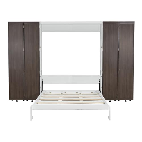 KLMM Wooden Murphy Bed Wall Bed with 2 Wardrobe and Storage Shelf,Foldable Platform Bedframe for Guest-Room Bedroom Study Office Use (White#E, Full)